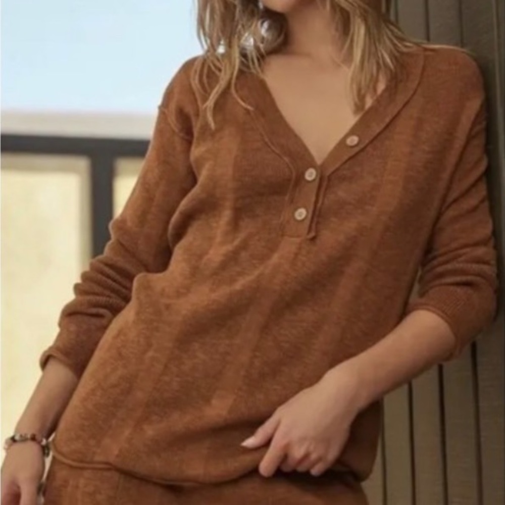 Free people BEACH Henley Brown Oversized Buttons cotton linen blend Sweater s